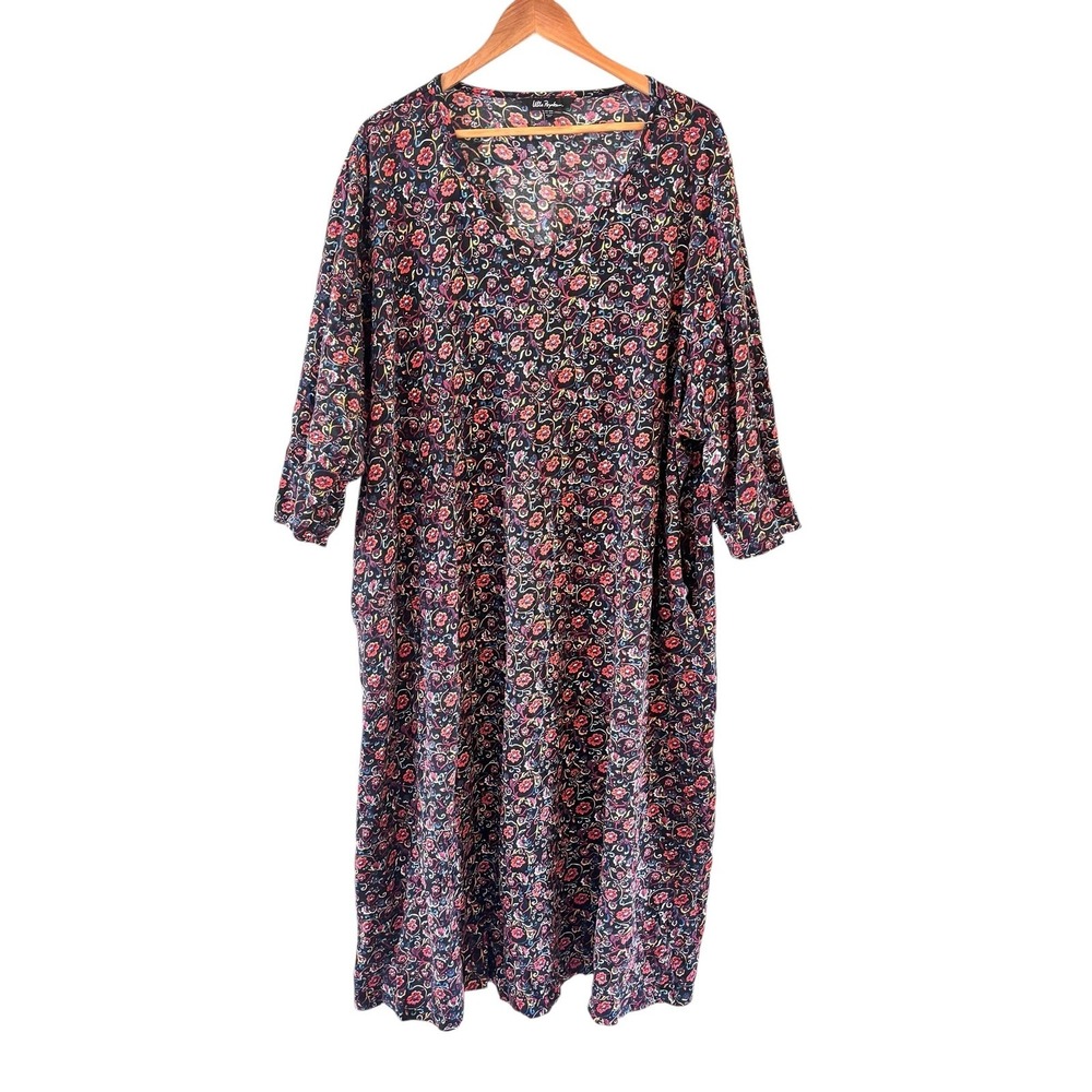 Ulla Popken Plus Black Floral Jersey Dress Womens 28/30 V Neck Midi Boho